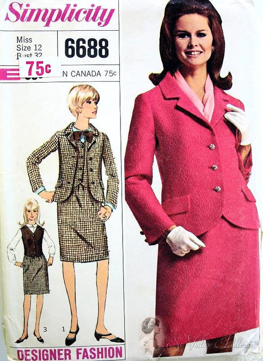 1960s  Mrs Emma Peel Style 3 PC Suit Pattern Slim Skirt, Fitted Cutaway Front Jacket, and Vest Classic Mid 60s Style Simplicity Designer Fashion 6688 Vintage Sewing Pattern Bust 32