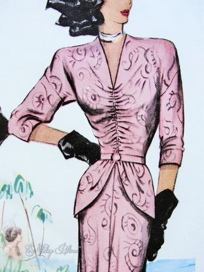 1940s Stunning Evening Cocktail Dress Pattern Low V Neckline, Shirred Bodice Shaped Single or Double Peplum Film Noir Style McCall 6729 Vintage Sewing Pattern Bust 32