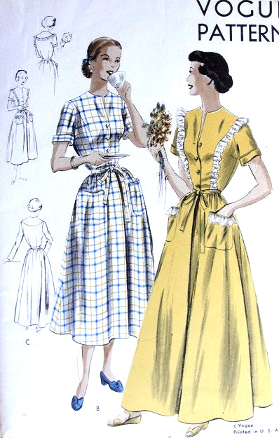 1950s PRETTY House Coat Brunch Robe Pattern VOGUE 6798 Easy To Make Bust 32 Vintage Sewing Pattern