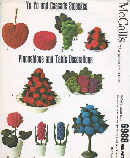 VINTAGE  McCALLS 6988 SMOCKING PATTERN YOYO CASCADE SMOCKED PINCUSHIONS TABLE DECORATIONS FRUIT FLOWERS