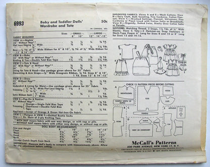 1960s CUTE Doll Clothes Pattern McCALLs 6993 Baby and Toddler Doll Size 14-15 Inches Dolls Wardrobe and Tote Vintage Sewing Pattern