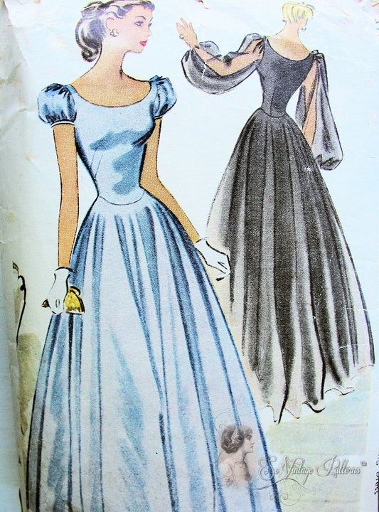 1940s ROMANTIC Dreamy Evening Dress Pattern McCALL 7013 Full Dancing Skirt, Beautiful Bishop Sleeves or Short Puff Pure Glam Bust 32 Vintage Sewing Pattern
