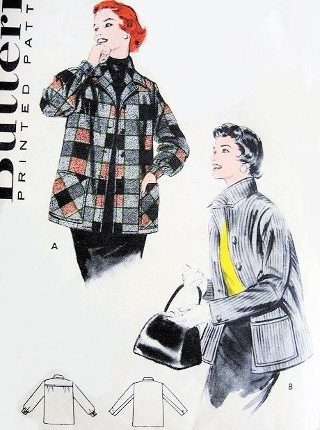 1950s  SHACKET Casual Tailored Box Jacket Car Coat Pattern BUTTERICK 7044 Boxy Short Coat Patch Pockets  Out Doors Lumber Jack Style Bust 30 Vintage Sewing Pattern