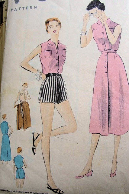 1950s  BEACH WEAR PATTERN BLOUSE, SHORTS, WRAPPED SKIRT