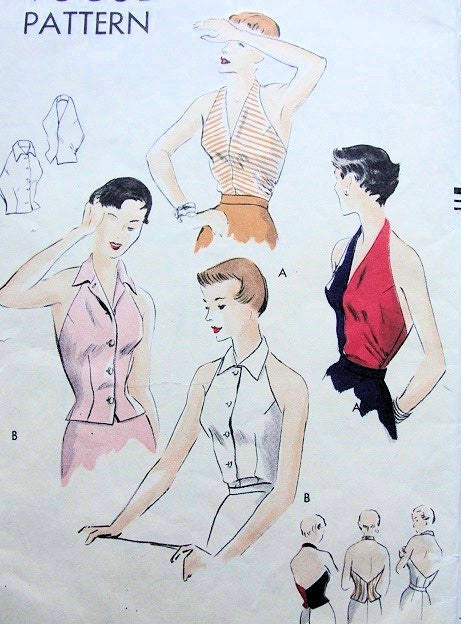 1950s  Halter Tops Pattern VOGUE 7080 Tuck In or Over Blouse Styles, 2 Lovely Styles, Bust 34 Vintage Sewing Pattern