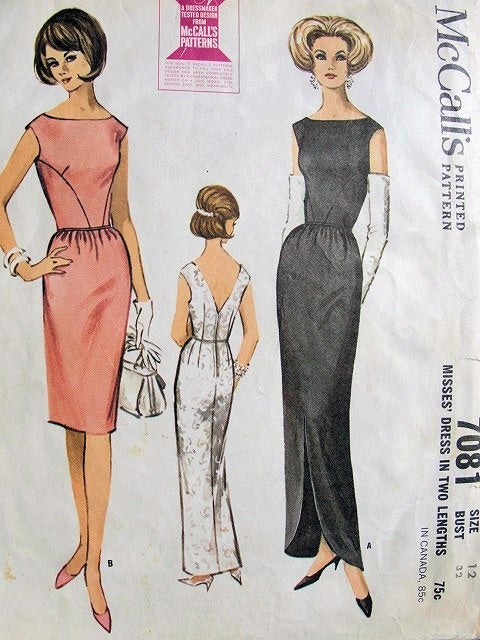 1960s STUNNING Slim Evening Gown Pattern McCALLs 7081 Tulip Hemline Version Low V Back Full Length or Short Cocktail Party Bust 32 Vintage Sewing Pattern