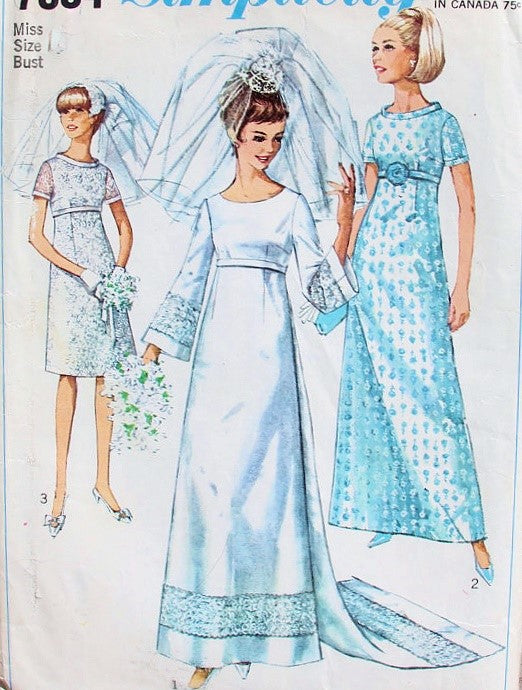 BEAUTIFUL 1960s Empire Waist Bridal Gown, Simplicity 7084 Wedding Dress, Detachable Train, Floor Length or Short Versions, Bust 34 Vintage Sewing Pattern FACTORY FOLDED
