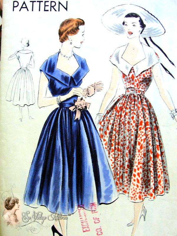 1950s Vogue 7086 Vintage Sewing Pattern GLAMOROUS Cocktail Party Dress with Deep Shaped Neckline, Full Skirt Stunning Design Bust 32
