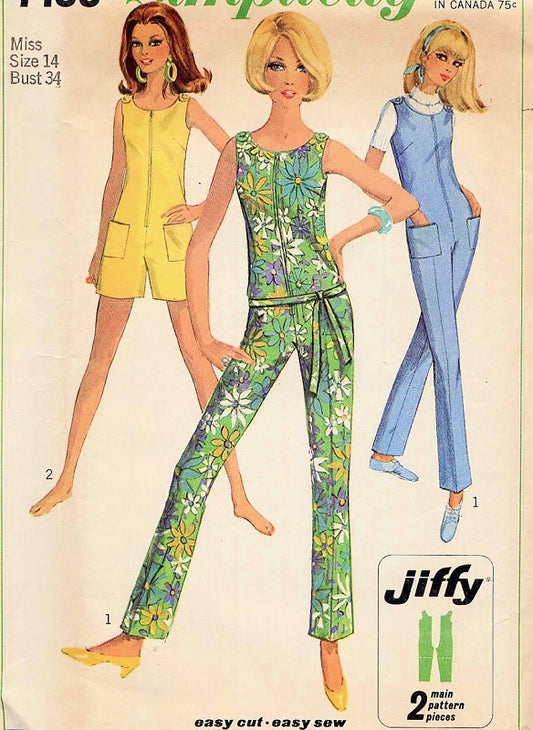 1960s Mod Skinny Jumpsuit or Romper Pattern Long or Short Zip Front Simplicity 7133 Vintage sewing Pattern UNCUT Several Sizes Available