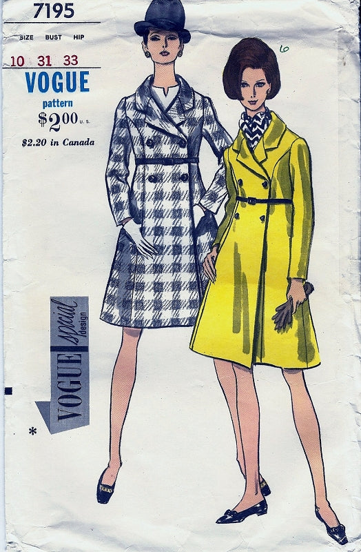 1960s Mod Snappy Coachman Style Coat Pattern Semi Fitted Double Breasted Vogue Special Design 7195 Vintage Sewing Pattern Bust 32