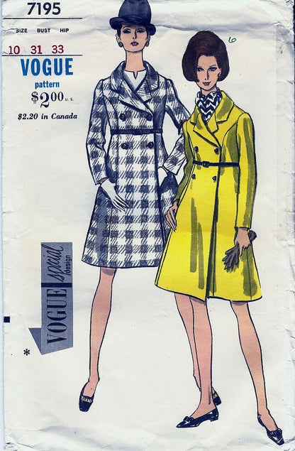1960s Mod Snappy Coachman Style Coat Pattern Semi Fitted Double Breasted Vogue Special Design 7195 Vintage Sewing Pattern Bust 32