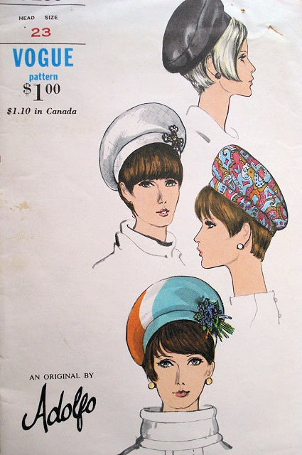 60s Fab Oversized Beret Hats Mod Pattern Vogue 7200 Designer ADOLFO Vintage Sewing Pattern