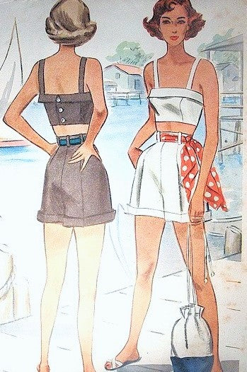 1940s FAB Beachwear Pattern McCALL 7262 Vintage Sewing Pattern Resort Wear Pin Up Style Cuffed High Waist Shorts and Button Back Cuffed Bra Midriff Top Figure Flattering Styles Bust 30