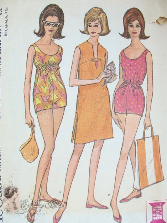 Vintage 60s Bathing Suit Swimsuit  Pattern Drawstring Empire or Regular Waist , Beach Cover Up 34 Bust McCalls 7306 Vintage Sewing Pattern
