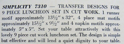 1940s SIMPLICITY PATTERN 7310  CUTWORK TRANSFERS 9 PC LUNCHEON SET