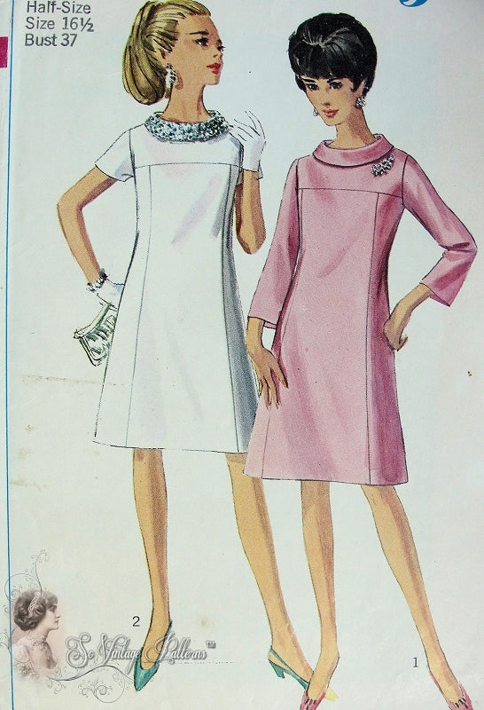1960s MOD Dress Pattern SIMPLICITY 7355 Bias Collar, Slightly Bell Sleeves Version Bust 33 Vintage Sewing Pattern