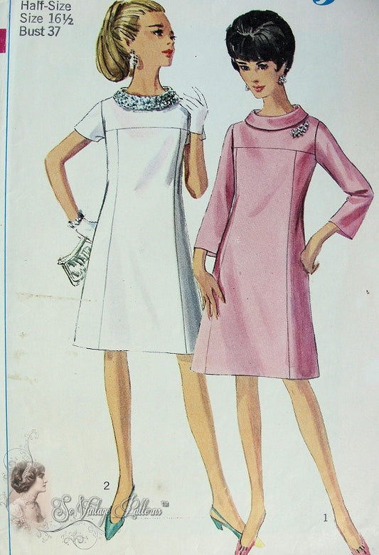 1960s MOD Dress Pattern SIMPLICITY 7355 Bias Collar, Slightly Bell Sleeves Version Bust 33 Vintage Sewing Pattern