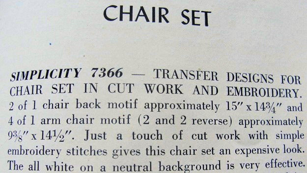 1940s SIMPLICITY PATTERN 7366 TRANSFER DESIGNS FOR CHAIR SET CUTWORK, EMBROIDERY