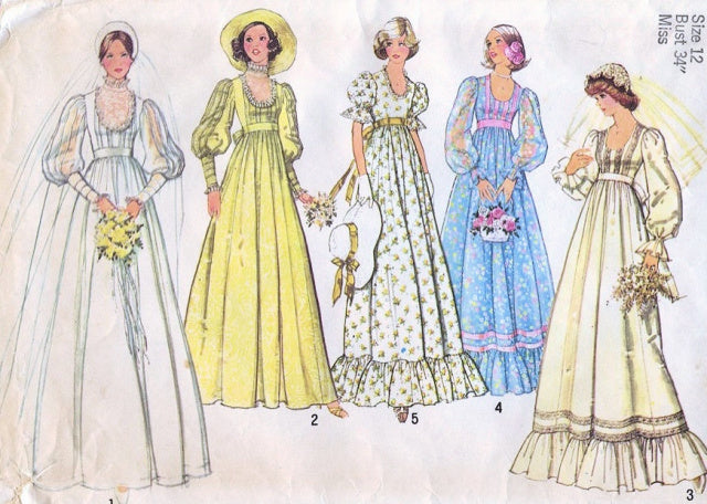70s ROMANTIC  BRIDAL WEDDING DRESS PATTERN EMPIRE WAIST SIMPLICITY  7389