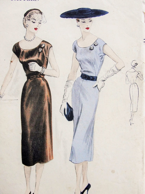 1950s EASY To Make Slim Dress Pattern VOGUE 7441 Day or Cocktail Party Style, Bust 34 Vintage Sewing Pattern