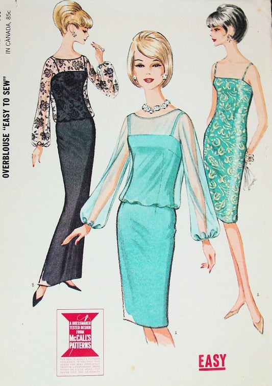 1960s Evening Sheath Cocktail Dress Pattern Figure Molding Sheath With Sheer Overblouse Timeless Fashion McCalls 7482 Vintage Sewing Pattern