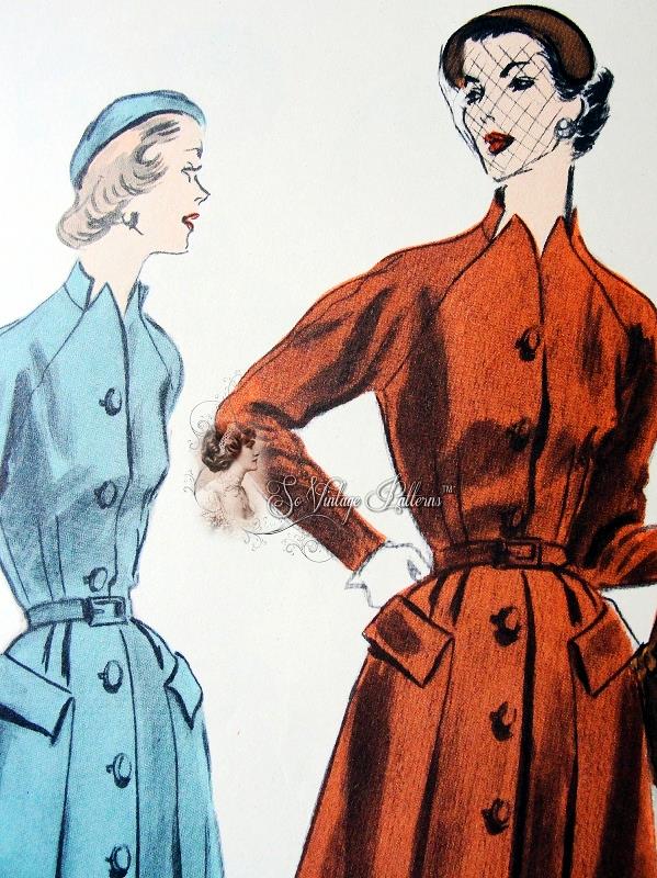 1950s Striking Coat Dress Pattern Unique Notched Neckline Front Button Flared Skirt Vogue 7504 Vintage Sewing Pattern Bust 32 Factory Folded