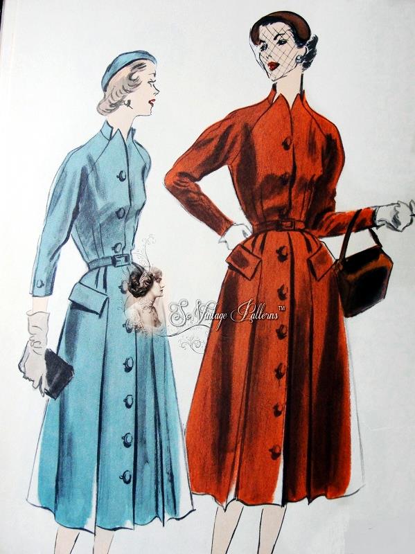 1950s Striking Coat Dress Pattern Unique Notched Neckline Front Button Flared Skirt Vogue 7504 Vintage Sewing Pattern Bust 32 Factory Folded