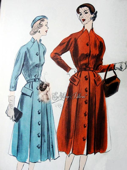 1950s Striking Coat Dress Pattern Unique Notched Neckline Front Button Flared Skirt Vogue 7504 Vintage Sewing Pattern Bust 32 Factory Folded