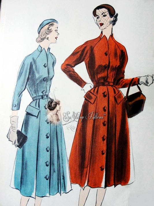 1950s Striking Coat Dress Pattern Unique Notched Neckline Front Button Flared Skirt Vogue 7504 Vintage Sewing Pattern Bust 32 Factory Folded