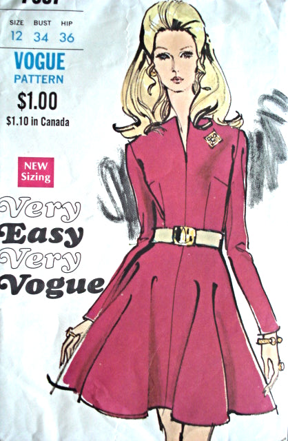 1960s Daytime or Cocktail Dress Pattern Vogue 7637 Figure Flattering Fitted Bodice Slit Neckline Flared Skirt Vintage Sewing Pattern