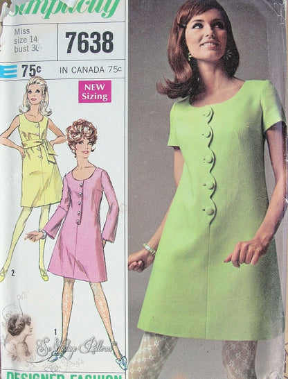 Cute Mod 60s Dress Pattern 3 style Versions Front Button Step In Dress Simplicity Designer Fashion 7638 Vintage Sewing Pattern UNCUT Bust 36