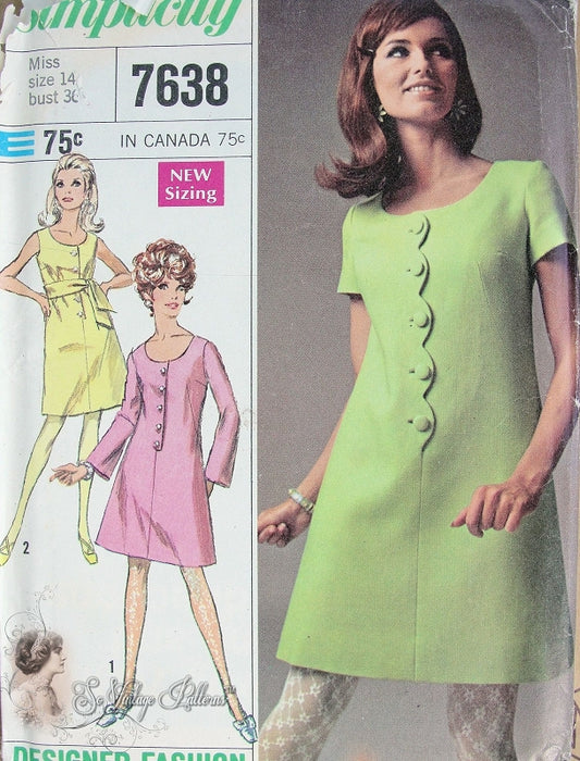 Cute Mod 60s Dress Pattern 3 style Versions Front Button Step In Dress Simplicity Designer Fashion 7638 Vintage Sewing Pattern UNCUT Bust 36