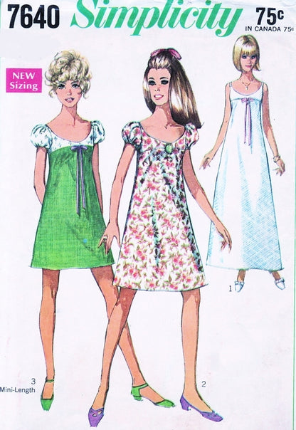 1960s MOD Empire Party Dress or Prom Gown Pattern SIMPLICITY 7640 Sleeveless or Puff Sleeves Three Lengths Bust 32 Vintage Sewing Pattern UNCUT