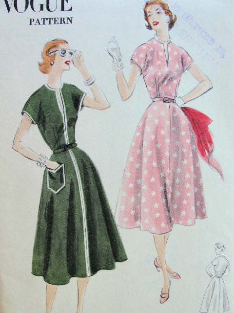 1950s DRESS PATTERN FLARE SKIRTED, SLIT NECKLINE, CAP SLEEVES VOGUE 7657