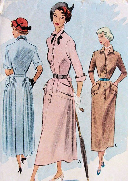 1940s LOVELY Tailored Dress Pattern McCALL 7701 Slim Front, Low Slit Neckline Soft Back Pleats Vintage Sewing Pattern