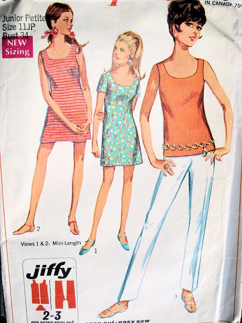 1960s FAB Weekend Beach Pattern SIMPLICITY 7702 Slim Pants, Top, Mini Dress in 2 Versions Bust 32  Jiffy Vintage Sewing Pattern