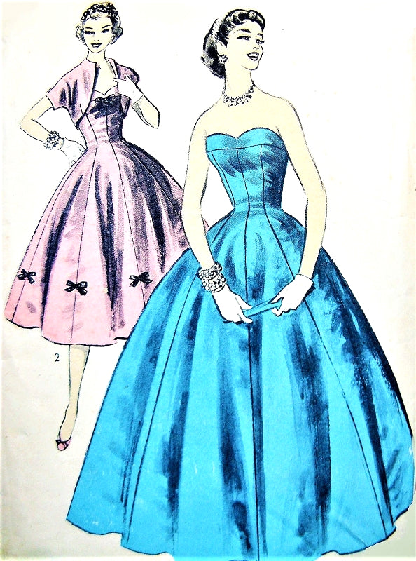 1950s GLAMOROUS Formal Evening Gown or Cocktail Party Dress Pattern ADVANCE 7704 Bouffant Strapless Princess, Sweetheart Neckline, Bolero Jacket Bust 33 Vintage Sewing Pattern FACTORY FOLDED