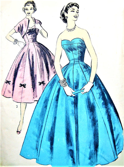 1950s GLAMOROUS Formal Evening Gown or Cocktail Party Dress Pattern ADVANCE 7704 Bouffant Strapless Princess, Sweetheart Neckline, Bolero Jacket Bust 33 Vintage Sewing Pattern FACTORY FOLDED