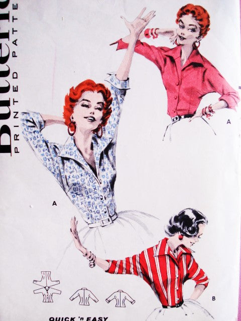 1950s FABULOUS Quick n Easy Italian Style Shirt Pattern BUTTERICK 7731 Lovely Wing Collar Sleek Blouse Bust 30 Vintage Sewing Pattern FF