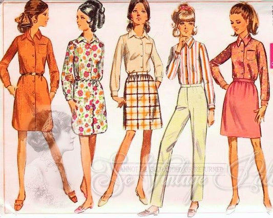 1960s Shirt Dress, Skirt, Shirt Blouse and Straight Pants Pattern SIMPLICITY 7731  Wardrobe Builder Bust  Vintage Sewing Pattern UNCUT