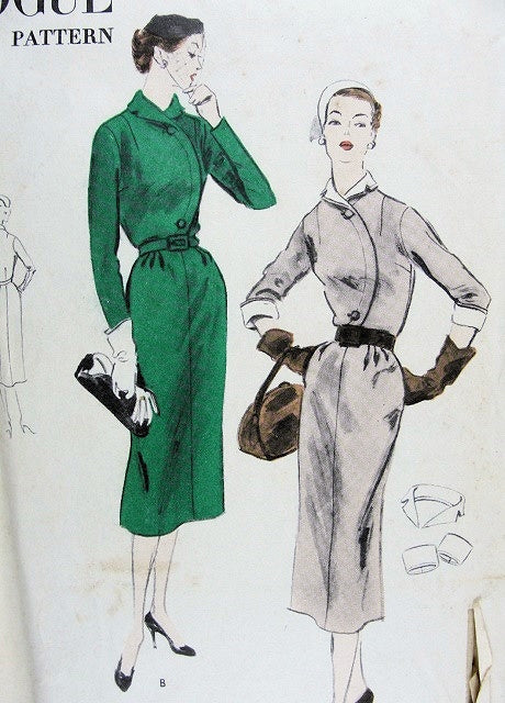 1950s Vogue Pattern 7736 Slim Dress Flattering Curved Overlap Bodice Detachable Collar Cuffs
