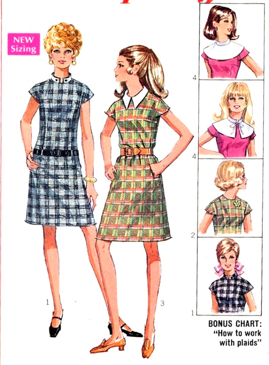 1960s Mod Shift Dress and Detachable Collars Pattern Cute Kawaii Dress Style Simplicity 7867 Vintage Sewing Pattern UNCUT FACTORY FOLDED Size 8