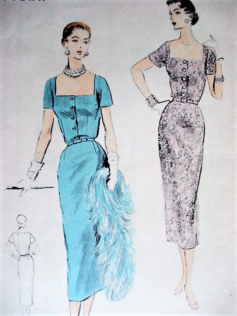 1950s CHIC Cocktail Party Evening Dress Pattern VOGUE 7951 Easy To Make Low Square Neckline Sheath Dress Bust 32 Vintage Sewing Pattern