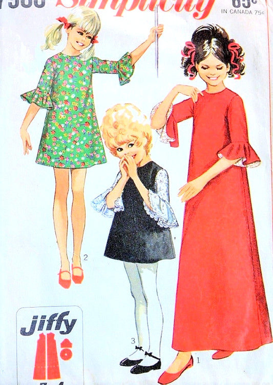 CUTE 60s Girls Dress Pattern SIMPLICITY 7966 A Line Dress Ruffle Sleeve Girls Mod Mini Dress Size 10 Vintage Sewing Pattern UNCUT