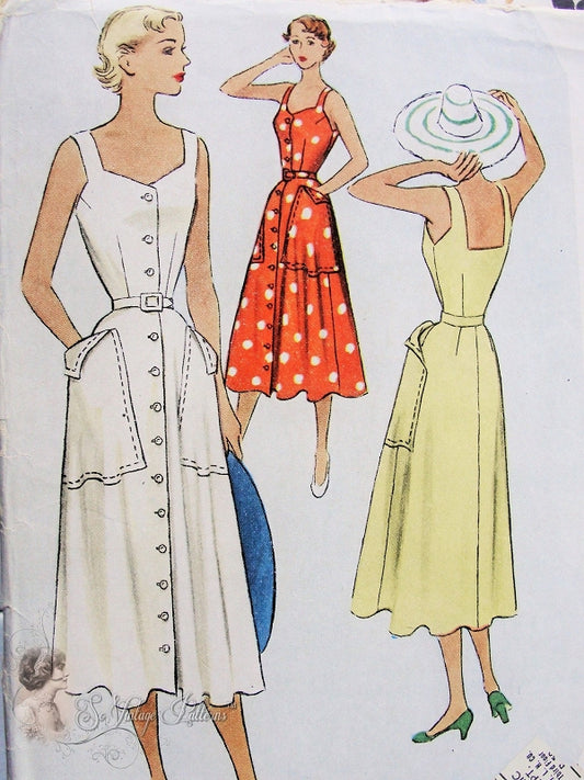 1950 BEAUTIFUL Sundress Pattern McCALL 7975 Front Button,Large Pockets Lovely Neckline  Bust 30 Vintage Sewing Pattern  FACTORY FOLDED