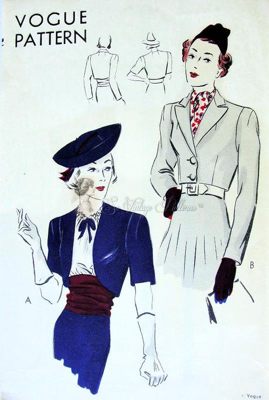 Late 1930s Jacket and Bolero with Cummerbund Pattern Beautifully Fitted Short Jacket or Perfect Evening Bolero Style Gorgeous Bias Cut Cummerbund Belt Vogue 7985 Vintage Sewing Pattern Bust 34