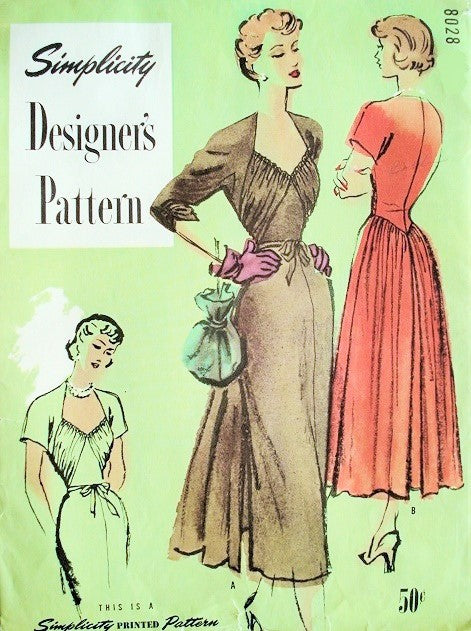 1940s BEAUTFUL Evening Party Dress Pattern SIMPLICITY DESIGNERS 8028 Decollete Neckline, Shirred Bodice, Over Skirt, Bust 30 Vintage Sewing Pattern