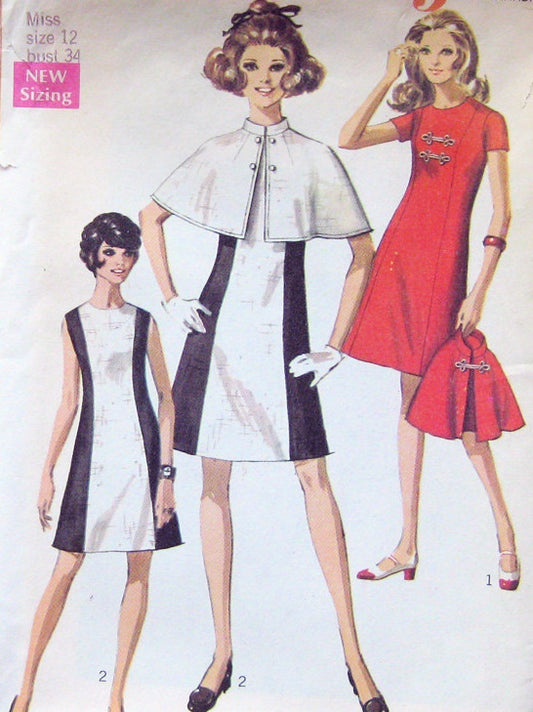 1960s Mod Color Block Princess Seam Dress and Cape Pattern Simplicity 8114  Figure Flattering Dress Short Cape Bust 32 Vintage Sewing Pattern FF