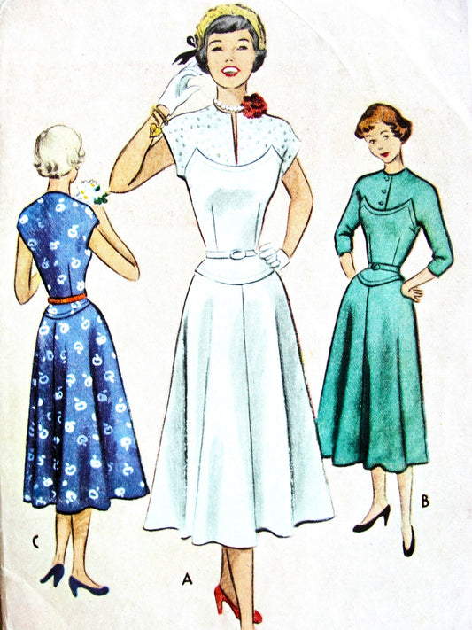 1950s Lovely Dress Pattern Unique Seam Interest Fitted Bodice Choice of Button or Slit Necklines Flattering Design McCall 8115 Bust 31