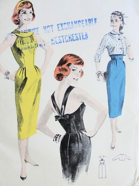 1950s STRAPPY Back Cocktail Party Dress Pattern BUTTERICK 8130 Figure Flattering Slim Sheath Dress ,Crop Jacket ,Bust 31.5 Vintage Sewing Pattern UNCUT
